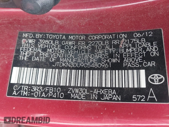 2012 Toyota Prius One with VIN JTDKN3DU9C5480961, listed as a IAAI auction lot 42147741 with 165,921 mi miles. Bid and sale history available at carsss.com. Image 9.