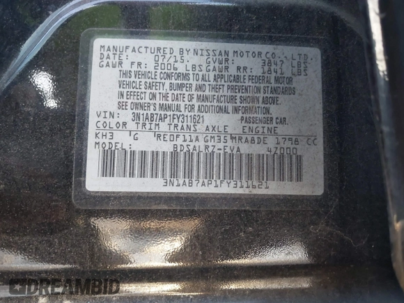 2015 Nissan Sentra SV with VIN 3N1AB7AP1FY311621, listed as a IAAI auction lot 41445400 with 134,121 mi miles and . Bid and sale history available at DreamBid. Image 9.