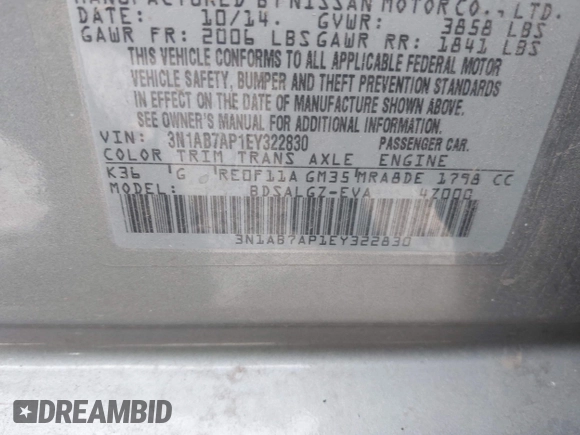 2014 Nissan Sentra SR z VIN 3N1AB7AP1EY322830, wystawiony jako IAAI lot #41981525 z przebiegiem 129 498 mil mil oraz . Historia ofert i sprzedaży dostępna na DreamBid. Obrazek 9.