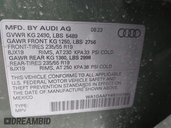 2024 Audi Q5 S line Premium with VIN WA1GAAFY4R2007480, listed as a IAAI auction lot 41315048 with 19,093 mi miles. Bid and sale history available at carsss.com. Image 9.