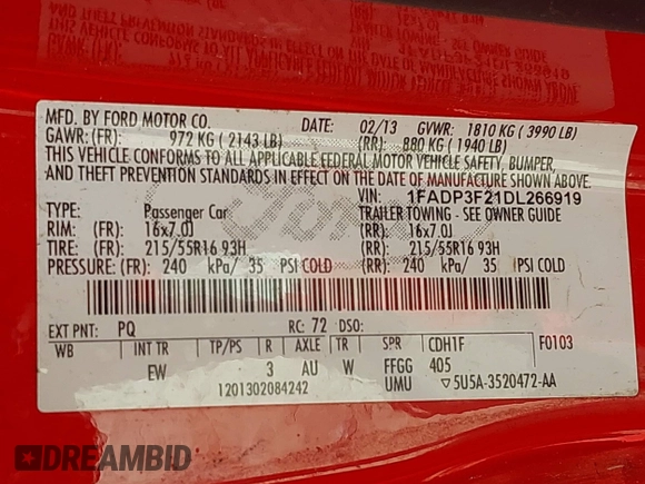2013 Ford Focus SE with VIN 1FADP3F21DL266919, listed as a IAAI auction lot 42537094 with 147,081 mi miles and . Bid and sale history available at DreamBid. Image 9.
