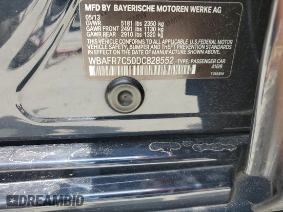 2013 BMW 5 Series 535i with VIN WBAFR7C50DC828552, listed as a Copart auction lot 60445315 with 174,832 mi miles and Salvage title. Bid and sale history available at DreamBid. Image 12.