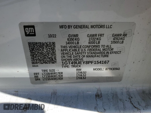 2023 GMC Sierra 3500HD SLT z VIN 1GT49UEY8PF154167, wystawiony jako Copart lot #84495904 z przebiegiem 43 395 mil mil oraz Czysty tytuł • Clean title. Historia ofert i sprzedaży dostępna na DreamBid. Obrazek 12.