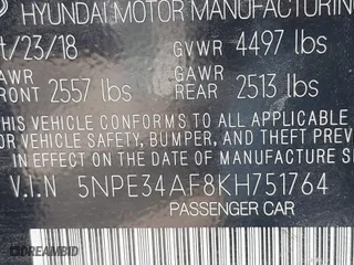2019 Hyundai Sonata Sport with VIN 5NPE34AF8KH751764, listed as a IAAI auction lot 41751278 with 139,187 mi miles. Bid and sale history available at carsss.com. Image 9.