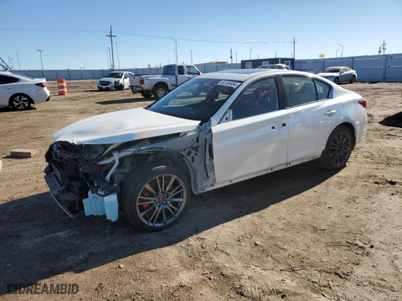 2021 Infiniti Q50 RED SPORT 400 with VIN JN1FV7DR7MM880385, listed as a Copart auction lot 80185454 with 48,343 mi miles and Salvage Title. Bid and sale history available at carsss.com. Image 1.