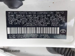 2012 Toyota Prius One z VIN JTDKN3DU7C1535804, wystawiony jako IAAI lot #42257951 z przebiegiem 202 822 mil mil oraz . Historia ofert i sprzedaży dostępna na DreamBid. Obrazek 9.