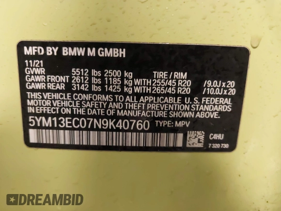 2022 BMW X3 M with VIN 5YM13EC07N9K40760, listed as a IAAI auction lot 41502792 with 30,764 mi miles and . Bid and sale history available at DreamBid. Image 9.