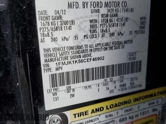 2012 Ford Expedition Max Limited with VIN 1FMJK1K56CEF46902, listed as a Copart auction lot 79337104 with 72,433 mi miles and Salvage Title. Bid and sale history available at DreamBid. Image 13.