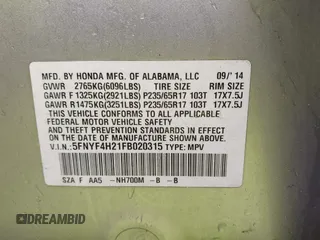 2015 Honda Pilot LX with VIN 5FNYF4H21FB020315, listed as a IAAI auction lot 42072899 with Not Provided miles and . Bid and sale history available at carsss.com. Image 9.