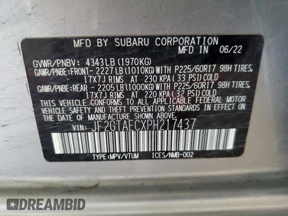 2023 Subaru Crosstrek Premium with VIN JF2GTAECXPH217437, listed as a Copart auction lot 58005325 with Not provided miles and Salvage title. Bid and sale history available at DreamBid. Image 13.