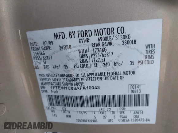 2010 Ford F-150 XL with VIN 1FTEW1C88AFA10043, listed as a IAAI auction lot 41764767 with 222,301 mi miles. Bid and sale history available at carsss.com. Image 9.