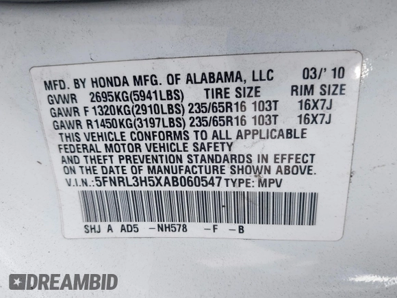2010 Honda Odyssey EX with VIN 5FNRL3H5XAB060547, listed as a IAAI auction lot 42749876 with 228,522 mi miles and . Bid and sale history available at DreamBid. Image 9.