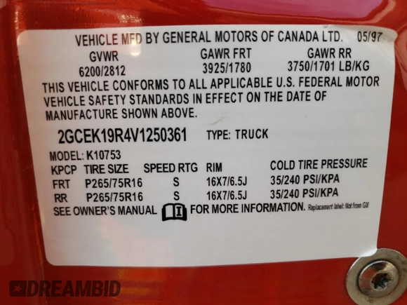 1997 Chevrolet Silverado 1500 with VIN 2GCEK19R4V1250361, listed as a Copart auction lot 48798925 with 90,193 mi miles and Salvage Title. Bid and sale history available at DreamBid. Image 12.