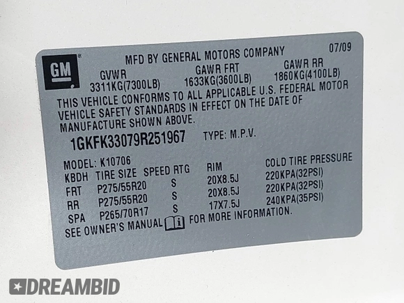 2009 GMC Yukon SLT 4SB with VIN 1GKFK33079R251967, listed as a IAAI auction lot 41901508 with 186,900 mi miles and . Bid and sale history available at DreamBid. Image 9.