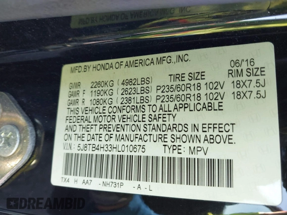 2017 Acura RDX with VIN 5J8TB4H33HL010675, listed as a IAAI auction lot 42178842 with Not provided miles and . Bid and sale history available at DreamBid. Image 9.