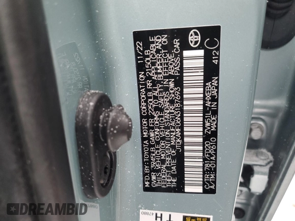 2022 Toyota Prius L Eco with VIN JTDKAMFU6N3187693, listed as a Copart auction lot 44617075 with 26,821 mi miles and Salvage Title. Bid and sale history available at DreamBid. Image 12.