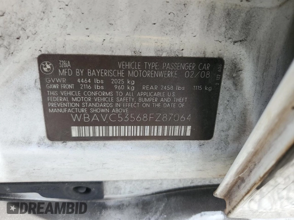 2008 BMW 3 Series 328i z VIN WBAVC53568FZ87064, wystawiony jako Copart lot #56761755 z przebiegiem 197 539 mil mil oraz Szkoda całkowita • Salvage title. Historia ofert i sprzedaży dostępna na DreamBid. Obrazek 12.