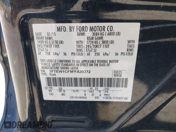 2015 Ford F-150 XL with VIN 1FTEW1CF9FFA30372, listed as a IAAI auction lot 42185034 with 232,099 mi miles and . Bid and sale history available at carsss.com. Image 9.