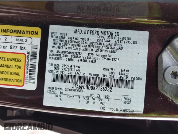 2019 Ford Fusion SE with VIN 3FA6P0HD0KR136232, listed as a IAAI auction lot 42015102 with 66,472 mi miles. Bid and sale history available at carsss.com. Image 9.