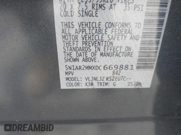 2013 Nissan Pathfinder SV with VIN 5N1AR2MMXDC669881, listed as a IAAI auction lot 42571921 with 158,714 mi miles and . Bid and sale history available at DreamBid. Image 9.