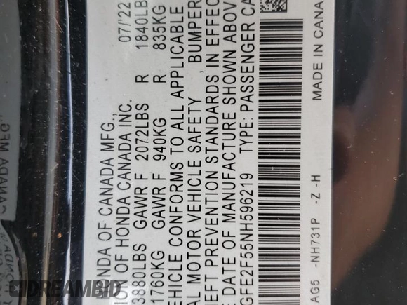 2022 Honda Civic Sport z VIN 2HGFE2F55NH596219, wystawiony jako Copart lot #52957265 z przebiegiem 30 996 mil mil oraz Szkoda całkowita • Salvage title. Historia ofert i sprzedaży dostępna na DreamBid. Obrazek 12.