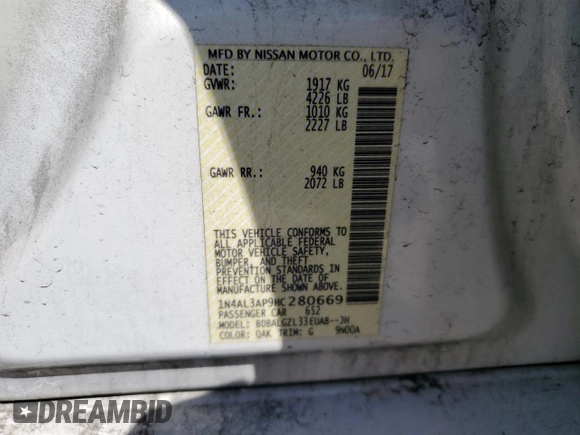 2017 Nissan Altima SV z VIN 1N4AL3AP9HC280669, wystawiony jako Copart lot #57898415 z przebiegiem 138 034 mil mil oraz Szkoda całkowita • Salvage title. Historia ofert i sprzedaży dostępna na DreamBid. Obrazek 12.