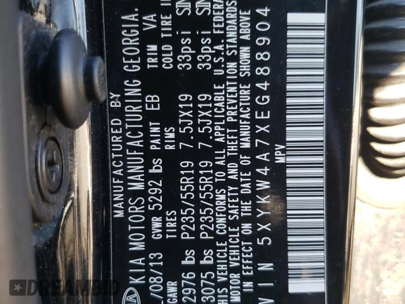2014 Kia Sorento SX with VIN 5XYKW4A7XEG488904, listed as a Copart auction lot 88903155 with 129,983 mi miles and Salvage Title. Bid and sale history available at carsss.com. Image 13.