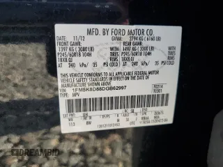 2013 Ford Explorer XLT with VIN 1FM5K8D88DGB62997, listed as a Copart auction lot 50779265 with 150,276 mi miles and Salvage Title. Bid and sale history available at DreamBid. Image 13.