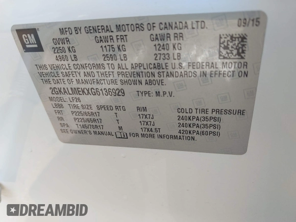 2016 GMC Terrain SLE with VIN 2GKALMEKXG6136929, listed as a IAAI auction lot 42083161 with 63,793 mi miles and . Bid and sale history available at DreamBid. Image 9.