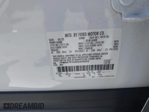 2022 Ford Explorer Limited с VIN 1FMSK7FH3NGA55853, выставлен на аукционе IAAI как лот 42529762 с пробегом 56 533 миль миль и . История ставок и продаж доступна на DreamBid. Изображение 9.