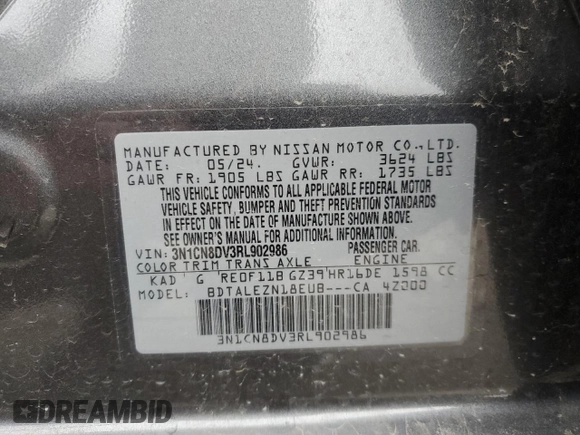 2024 Nissan Versa S with VIN 3N1CN8DV3RL902986, listed as a Copart auction lot 53788045 with 2,333 mi miles and Salvage title. Bid and sale history available at DreamBid. Image 12.