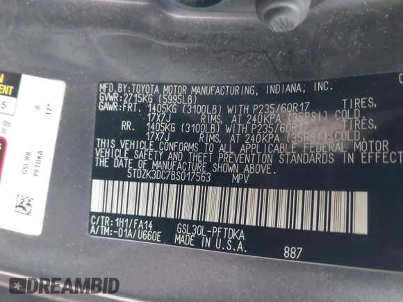 2011 Toyota Sienna with VIN 5TDZK3DC7BS017563, listed as a IAAI auction lot 41442444 with 259,547 mi miles. Bid and sale history available at carsss.com. Image 9.