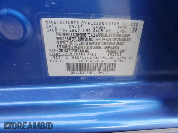 2015 Nissan Note SR with VIN 3N1CE2CP3FL434107, listed as a Copart auction lot 46054065 with 46,183 mi miles and Salvage title. Bid and sale history available at DreamBid. Image 14.