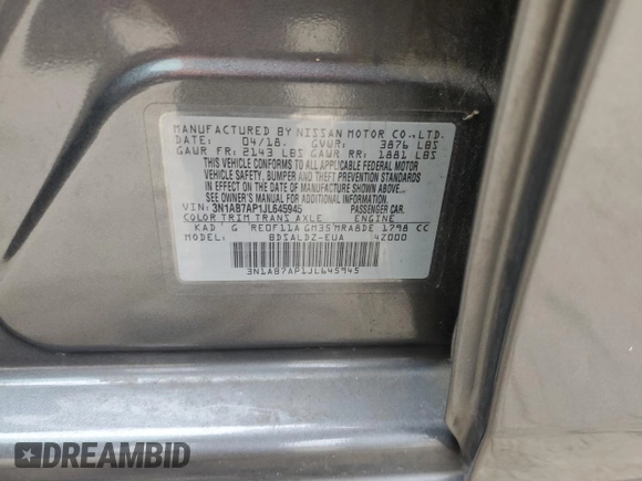 2018 Nissan Sentra SV with VIN 3N1AB7AP1JL645945, listed as a Copart auction lot 48471935 with 80,308 mi miles and Salvage Title. Bid and sale history available at carsss.com. Image 14.