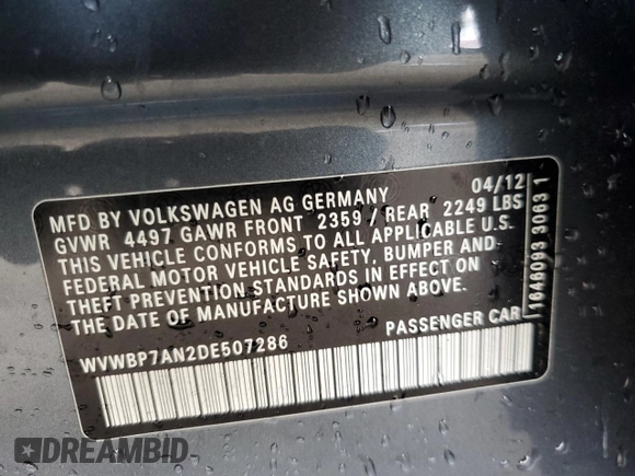 2013 Volkswagen CC Sport z VIN WVWBP7AN2DE507286, wystawiony jako Copart lot #56715485 z przebiegiem 132 314 mil mil oraz Szkoda całkowita • Salvage title. Historia ofert i sprzedaży dostępna na DreamBid. Obrazek 12.