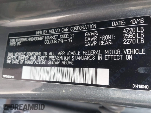 2017 Volvo S60 Dynamic with VIN YV126MFL4H2430687, listed as a IAAI auction lot 41577059 with 57,027 mi miles. Bid and sale history available at carsss.com. Image 9.