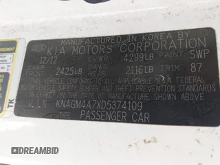 2013 Kia Optima LX z VIN KNAGM4A7XD5374109, wystawiony jako IAAI lot #42209534 z przebiegiem 184 578 mil mil oraz . Historia ofert i sprzedaży dostępna na DreamBid. Obrazek 9.