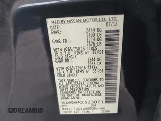 2012 Nissan Xterra S with VIN 5N1AN0NW4CC523071, listed as a IAAI auction lot 41874263 with 154,556 mi miles and . Bid and sale history available at DreamBid. Image 9.