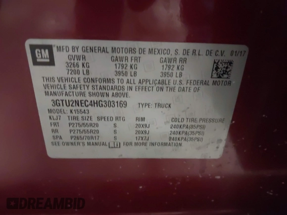2017 GMC Sierra 1500 SLT z VIN 3GTU2NEC4HG303169, wystawiony jako IAAI lot #41745892 z przebiegiem 120 337 mil mil oraz . Historia ofert i sprzedaży dostępna na DreamBid. Obrazek 9.
