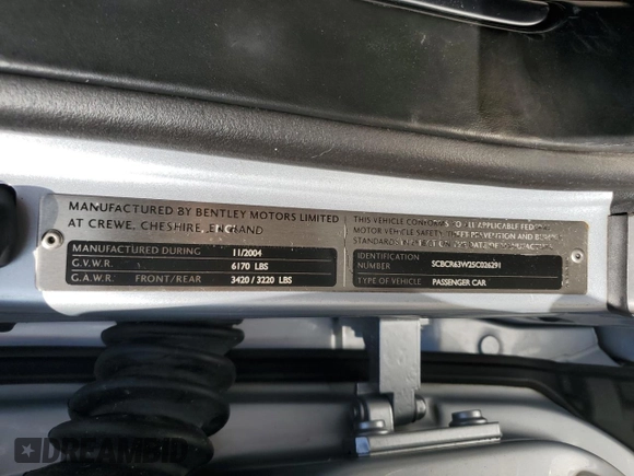2005 Bentley Continental GT GT z VIN SCBCR63W25C026291, wystawiony jako Copart lot #71823914 z przebiegiem 62 431 mil mil oraz Szkoda całkowita • Salvage title. Historia ofert i sprzedaży dostępna na DreamBid. Obrazek 13.