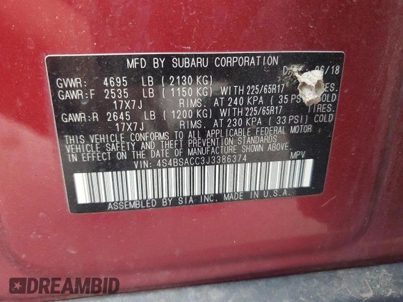 2018 Subaru Outback Premium with VIN 4S4BSACC3J3386374, listed as a Copart auction lot 64373735 with 77,225 mi miles and Salvage title. Bid and sale history available at DreamBid. Image 13.