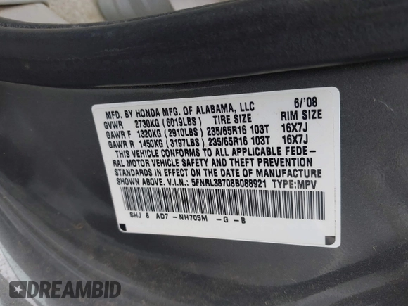 2008 Honda Odyssey EX-L with VIN 5FNRL38708B088921, listed as a IAAI auction lot 42098183 with 1 mi miles. Bid and sale history available at carsss.com. Image 9.