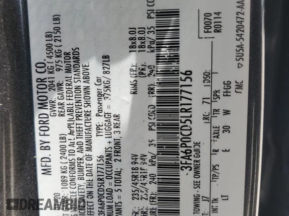 2020 Ford Fusion SEL with VIN 3FA6P0CD5LR177156, listed as a Copart auction lot 65674585 with 123,728 mi miles and Salvage title. Bid and sale history available at DreamBid. Image 12.