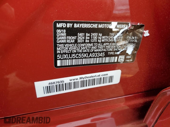 2019 BMW X4 M40i with VIN 5UXUJ5C55KLA93345, listed as a Copart auction lot 61192795 with 102,244 mi miles and Clean title. Bid and sale history available at DreamBid. Image 13.