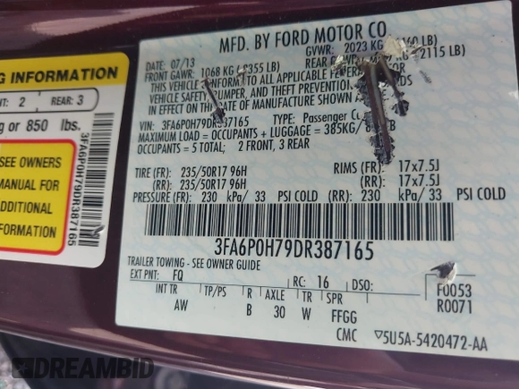 2013 Ford Fusion SE with VIN 3FA6P0H79DR387165, listed as a IAAI auction lot 42435808 with 80,548 mi miles and . Bid and sale history available at DreamBid. Image 9.