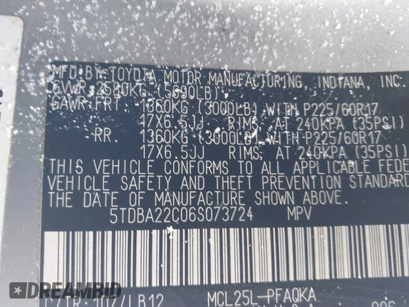 2006 Toyota Sienna XLE z VIN 5TDBA22C06S073724, wystawiony jako IAAI lot #41352571 z przebiegiem 159 240 mil mil oraz . Historia ofert i sprzedaży dostępna na DreamBid. Obrazek 9.