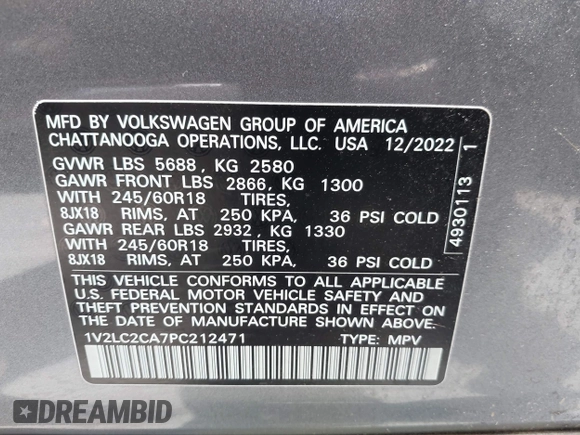 2023 Volkswagen Atlas SE with VIN 1V2LC2CA7PC212471, listed as a IAAI auction lot 42422043 with 24,495 mi miles and . Bid and sale history available at DreamBid. Image 9.