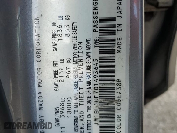 2011 Mazda 3 i Sport with VIN JM1BL1UF7B1493645, listed as a Copart auction lot 55276295 with 203,122 mi miles and Clean Title. Bid and sale history available at DreamBid. Image 12.