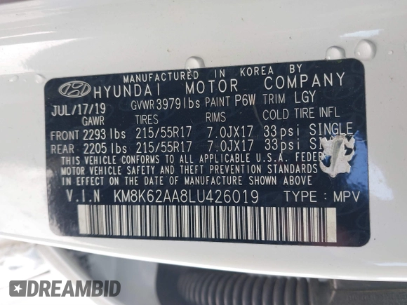 2020 Hyundai Kona SEL Plus with VIN KM8K62AA8LU426019, listed as a IAAI auction lot 41574608 with 61,264 mi miles. Bid and sale history available at carsss.com. Image 9.