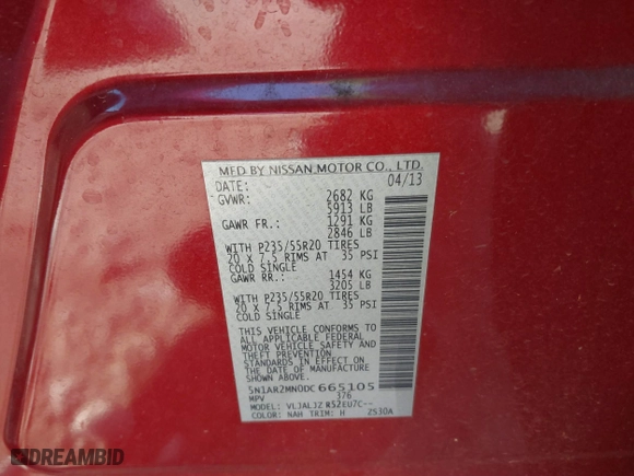 2013 Nissan Pathfinder SL with VIN 5N1AR2MN0DC665105, listed as a IAAI auction lot 41331282 with 184,155 mi miles. Bid and sale history available at carsss.com. Image 9.